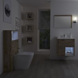 Milano Bexley - Light Oak Modern 600mm Open Shelf Vanity Unit, WC Unit and Rivington Back to Wall Pan