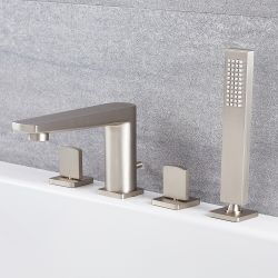 Milano Hunston - 4 Tap-Hole Modern Deck Mounted Bath Shower Mixer Tap with Hand Shower - Brushed Nickel