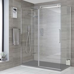 Milano Portland - Chrome Corner Frameless Sliding Door Shower Enclosure with Slate Tray - Choice of Size