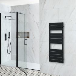 Milano x ECOSO Lustro - Electric Designer Black Flat Panel Heated Towel Rail - Choice of Size, Heating Element and Cable Cover