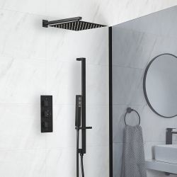 Milano Preto - Black Thermostatic Shower with Shower Head and Riser Rail with Hand Shower (2 Outlet)