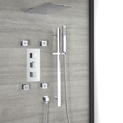 Milano Arvo - Chrome Thermostatic Shower with Diverter, Thin Fixed Shower Head, Body Jets and Riser Rail with Hand Shower (3 Outlet)