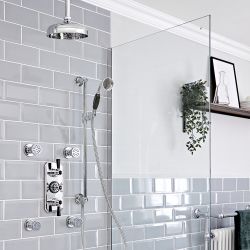 Milano Elizabeth - Chrome and Black Traditional Thermostatic Shower with Diverter, Ceiling Mounted Shower Head, Riser Rail and Body Jets (3 Outlet)