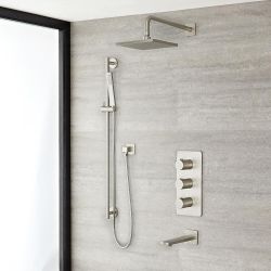 Milano Hunston - Triple Diverter Thermostatic Valve, 200mm Square Head, Riser Rail Kit and Spout - Brushed Nickel (3 Outlet)