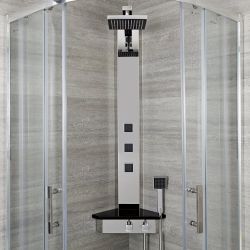 Milano Astley - Modern Corner Thermostatic Shower Tower Panel with Large Shower Head, Hand Shower, Body Jets and Shelf - Chrome and Black