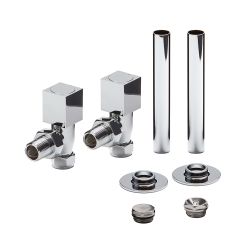 Milano - Modern Square Angled Radiator Valve and Pipe Sleeve Set - Choice of Finish