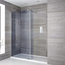Milano Portland-Luna - Smoked Glass Walk-In Chrome Shower Enclosure with Tray - Choice of Size and Hinged Return Panel Option