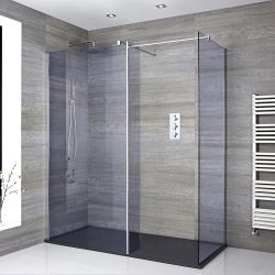 Milano Portland-Luna - Smoked Glass Corner Walk-In Chrome Shower Enclosure with Slate Tray - Choice of Size and Hinged Return Panel Option