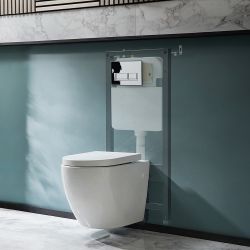 Milano Irwell - White Modern Rimless Wall Hung Toilet with Tall Wall Frame - Choice of Flush Plate