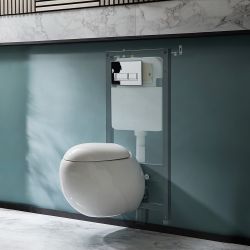 Milano Mellor - White Modern Round Wall Hung Toilet with Tall Wall Frame - Choice of Flush Plate