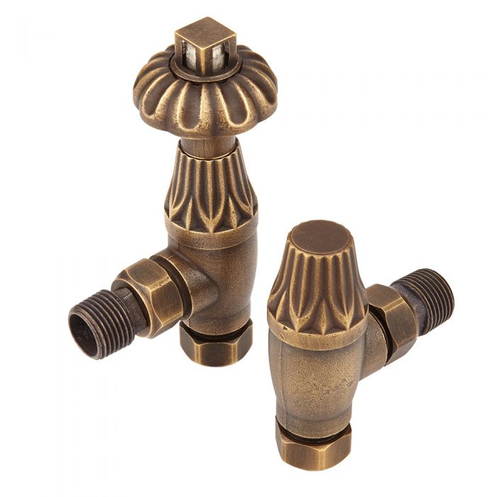 Milano Windsor - Antique Style Brass Thermostatic Angled Radiator Valves (Pair)