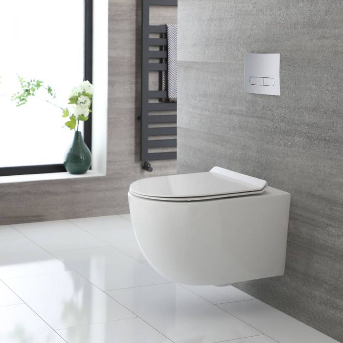 Milano Overton - White Modern Round Wall Hung Rimless Toilet with Soft Close Seat