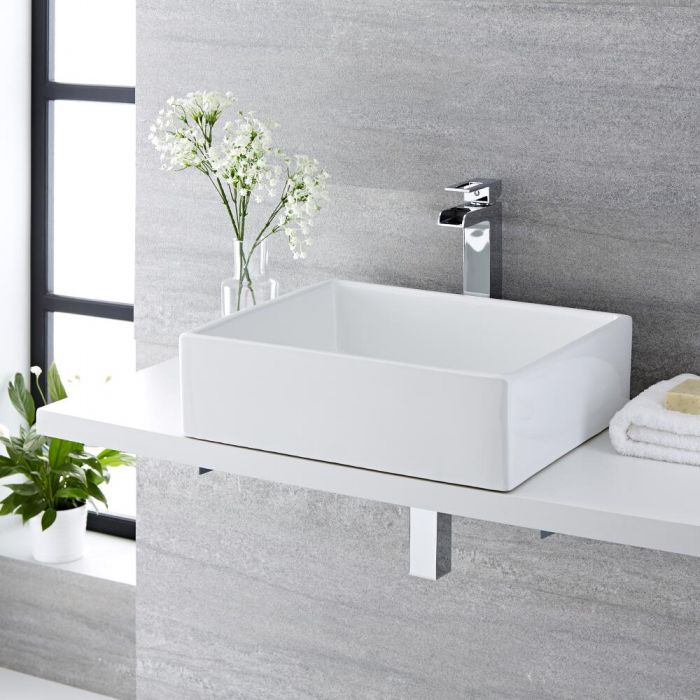 Milano Westby - White Modern Rectangular Countertop Basin with High Rise Mixer Tap - 490mm x 390mm