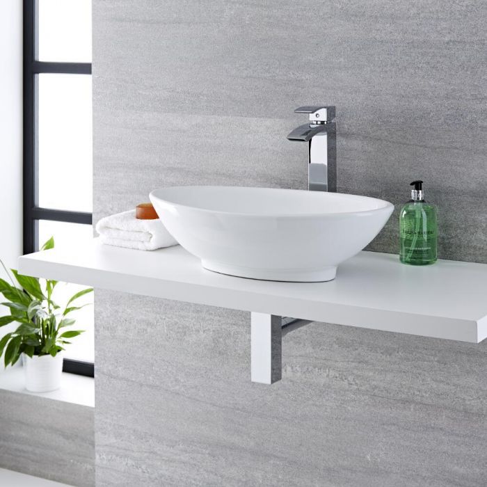 Milano Altham - White Modern Oval Countertop Basin with High Rise Mixer Tap - 520mm x 320mm