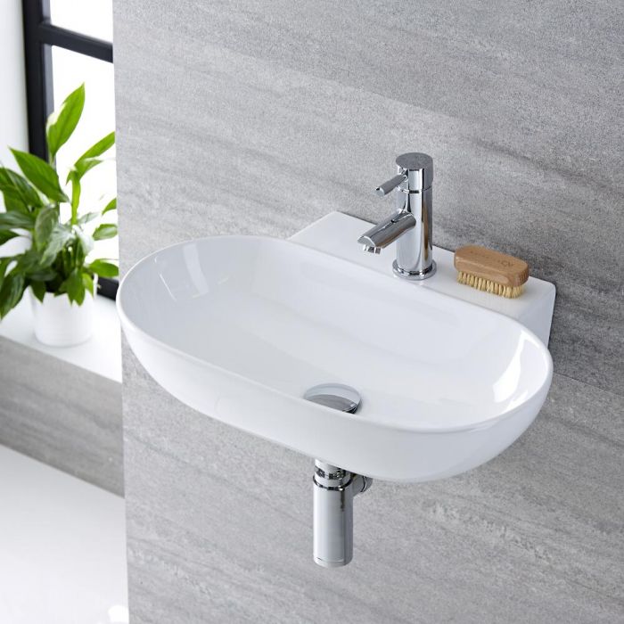 Milano Overton - White Modern Round Wall Hung Basin - 555mm x 395mm (1 Tap-Hole)