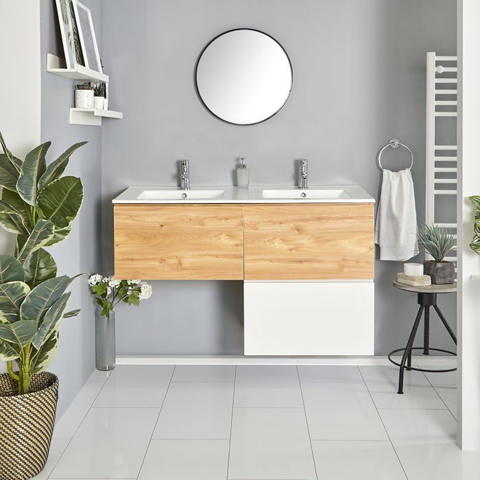 Milano Oxley - Oak and White L-Shape 1200mm Wall Hung Vanity Unit with Double Basin
