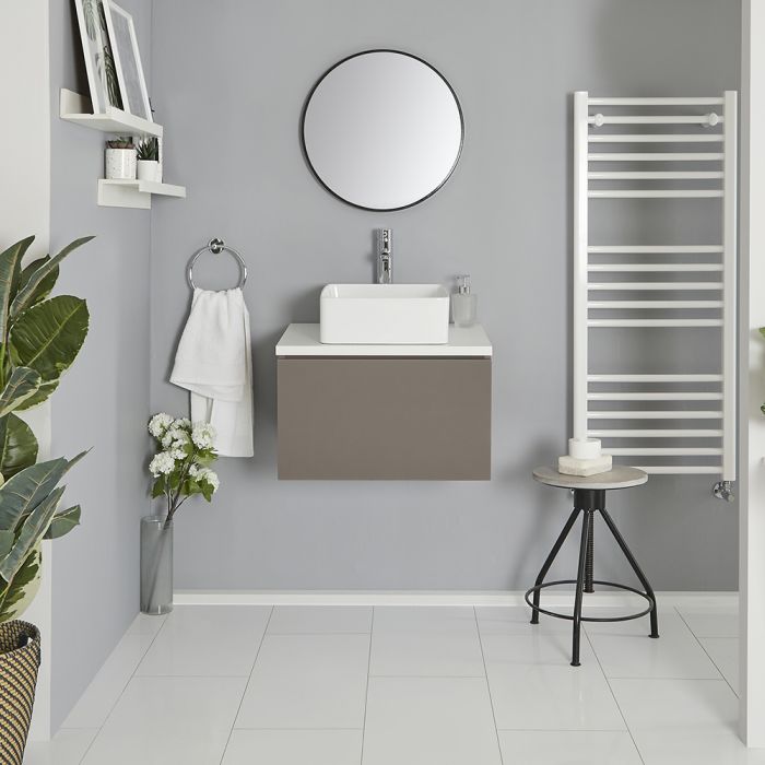 Milano Oxley - Grey and White 600mm Wall Hung Vanity Unit with Top and Countertop Basin