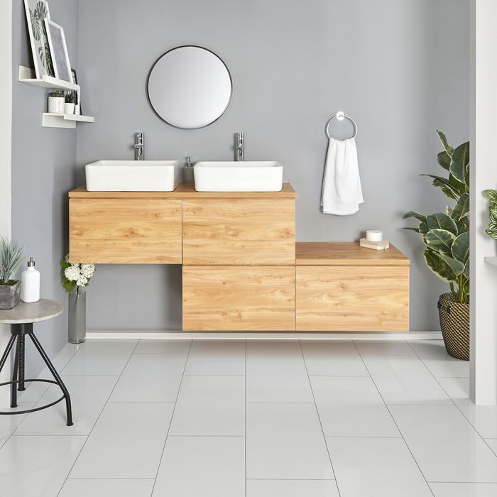 Milano Oxley - Oak 1800mm Wall Hung Stepped Vanity Unit with Countertop Basins