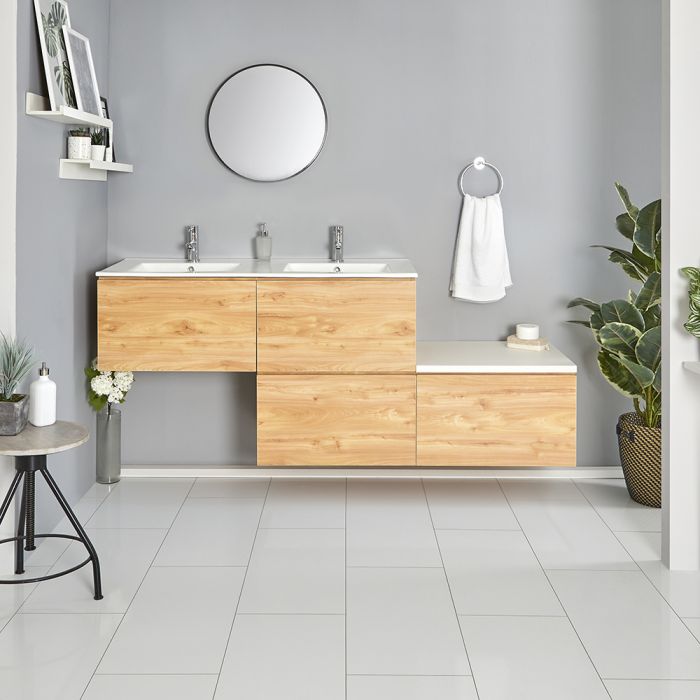 Milano Oxley - Oak 1800mm Wall Hung Stepped Vanity Unit with Basin