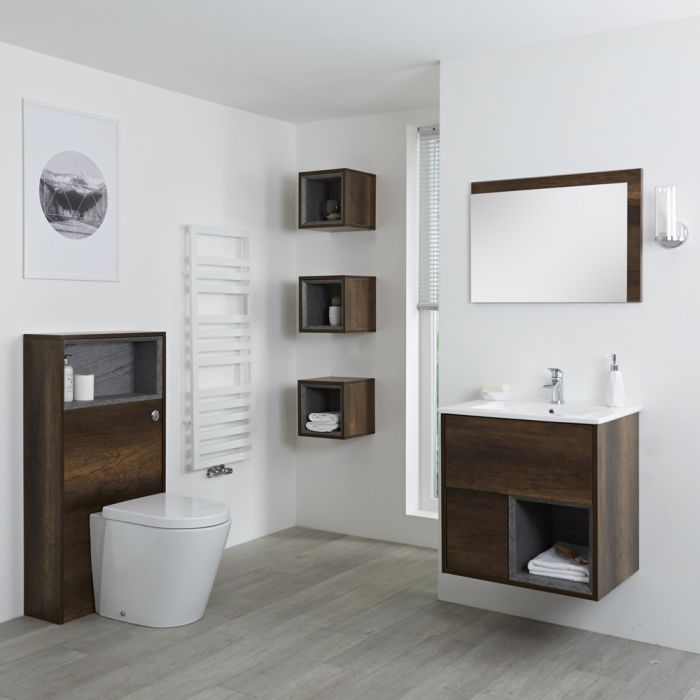 Milano Bexley - Dark Oak Modern 600mm Vanity Unit, WC unit, Pan, Three Storage Units and Mirror