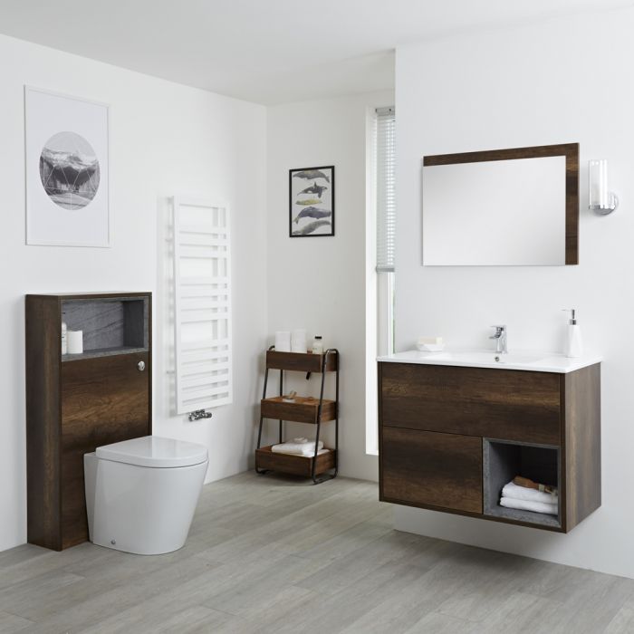 Milano Bexley - Dark Oak Modern 800mm Vanity Unit with WC Unit and Back to Wall Pan