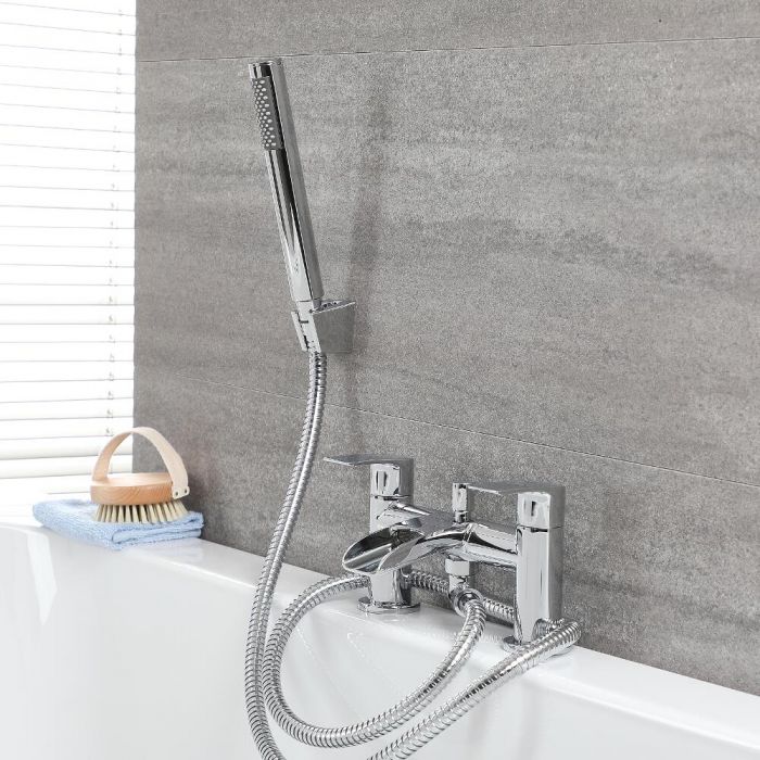 Milano Razor - Modern Deck Mounted Waterfall Bath Shower Mixer Tap with Hand Shower - Chrome