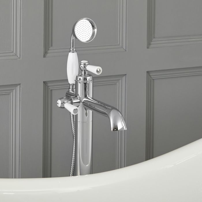 Milano Elizabeth - Traditional Freestanding Mono Bath Shower Mixer Tap with Hand Shower - Chrome and White