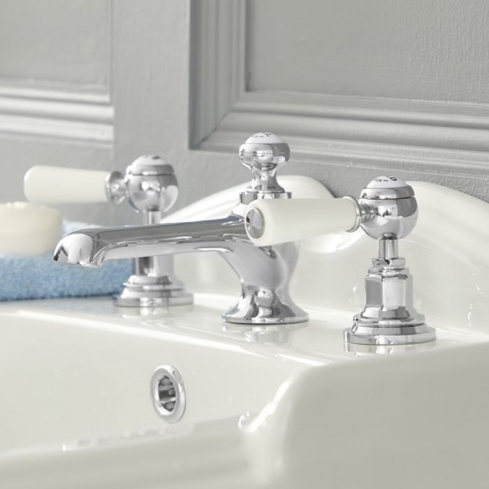Milano Elizabeth - Traditional 3 Tap-Hole Lever Basin Mixer Tap - Chrome and White