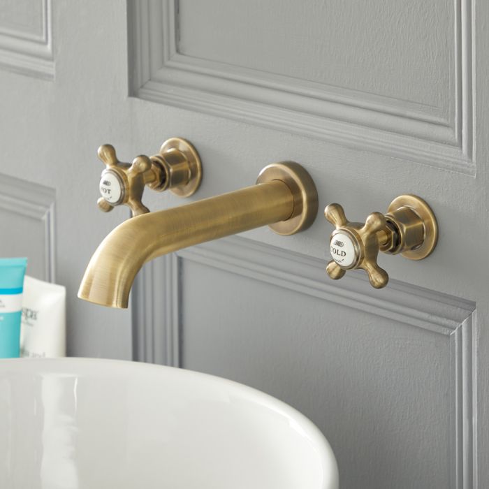 Milano Elizabeth - Traditional Wall Mounted 3 Tap-Hole Crosshead Basin Mixer Tap - Brushed Gold