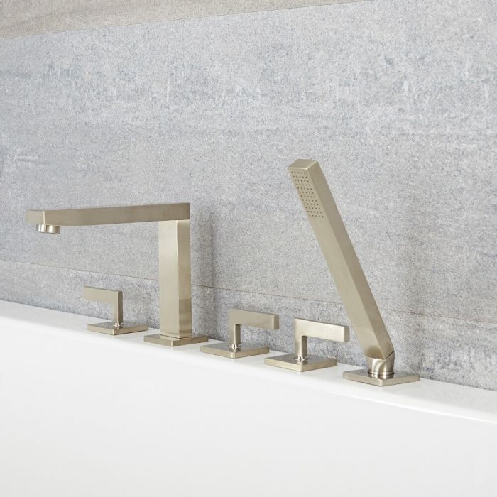 Milano Arvo - Modern Deck Mounted 5 Tap-Hole Bath Shower Mixer Tap with Hand Shower - Brushed Nickel