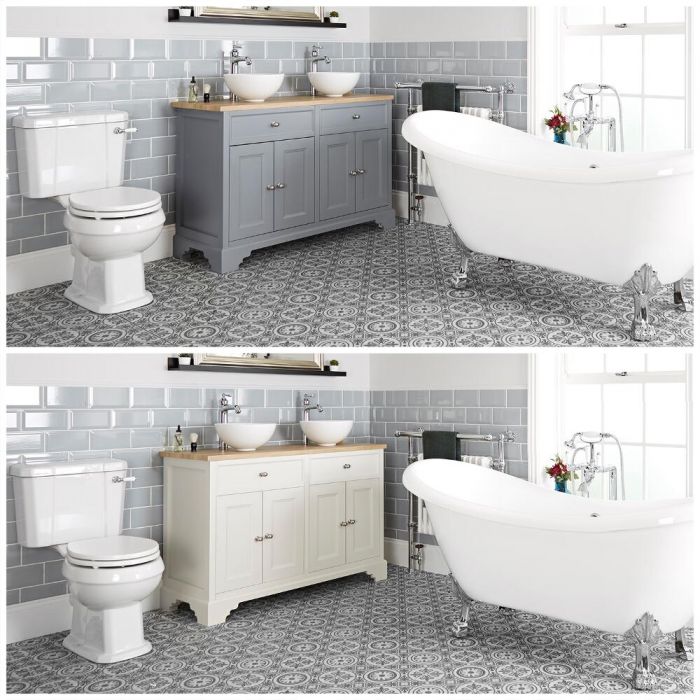 Milano Thornton - Traditional Bathroom Suite with Freestanding Bath, 1200mm Vanity Unit with Countertop Basins and Close Coupled Toilet