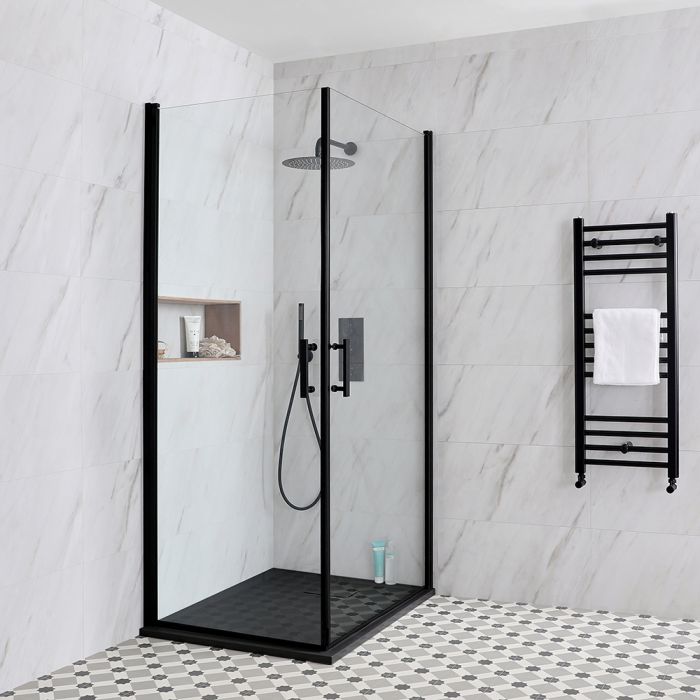 Milano Nero - Black Hinged Double Door Corner Shower Enclosure with Slate Tray - Choice of Sizes