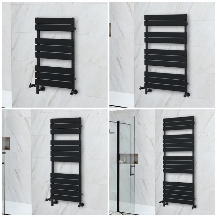 Milano Lustro Dual Fuel - Designer Black Flat Panel Heated Towel Rail - Choice of Size and Cable Cover