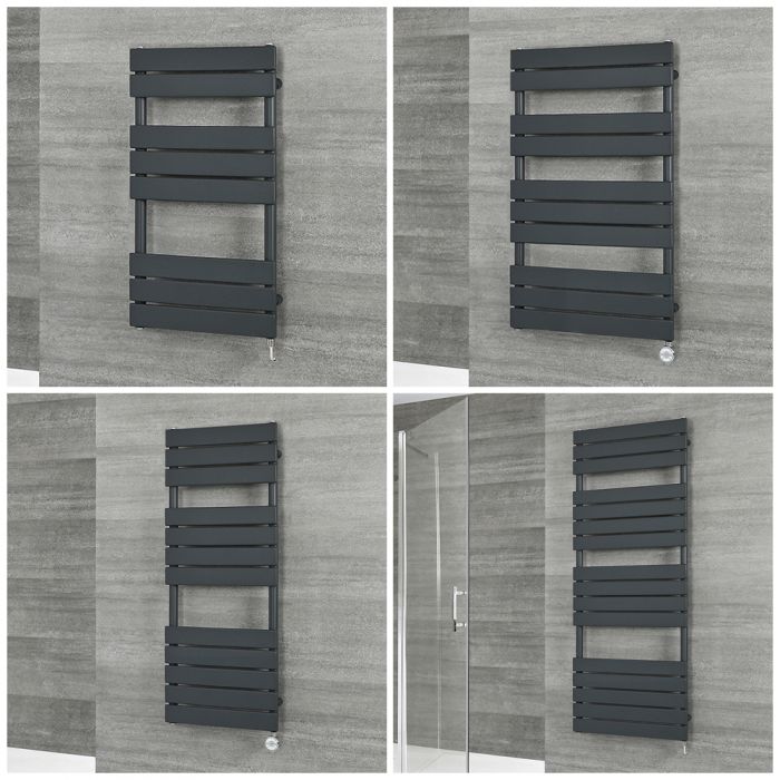 Milano Lustro Electric - Designer Anthracite Flat Panel Heated Towel Rail - Choice of Size, Heating Element and Cable Cover