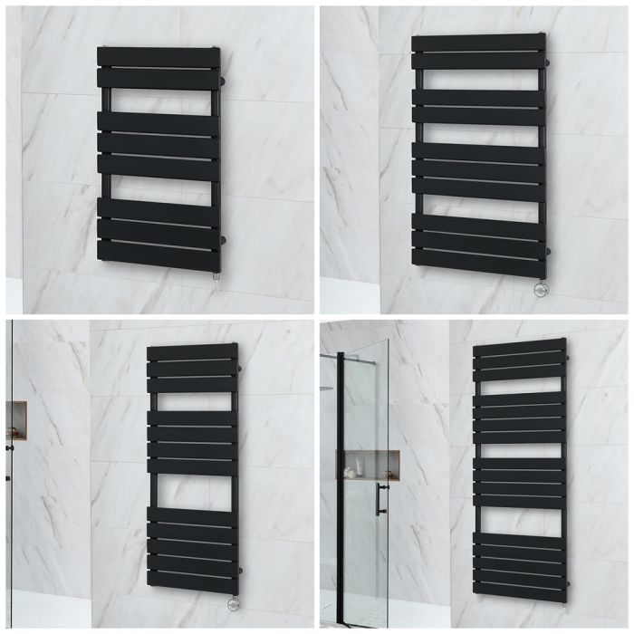 Milano Lustro Electric - Designer Black Flat Panel Heated Towel Rail - Choice of Size, Heating Element and Cable Cover