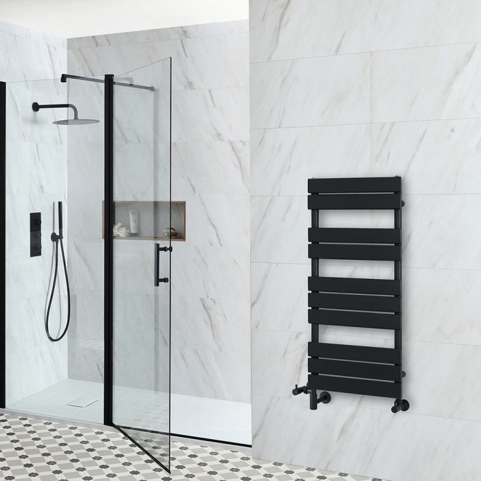 Milano Lustro Dual Fuel - Designer Black Flat Panel Heated Towel Rail - 975mm x 450mm