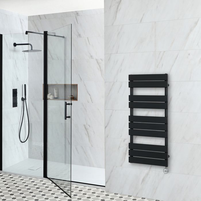 Milano Lustro Electric - Black Flat Panel Designer Heated Towel Rail - 975mm x 450mm