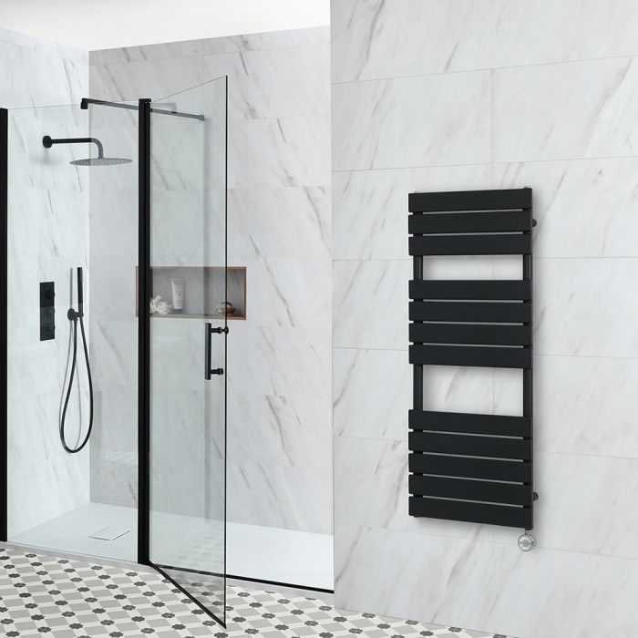 Milano Lustro Electric - Black Flat Panel Designer Heated Towel Rail - 1200mm x 450mm