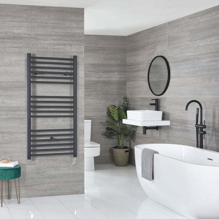 Milano Artle Electric - Anthracite Straight Heated Towel Rail - 1200mm x 600mm