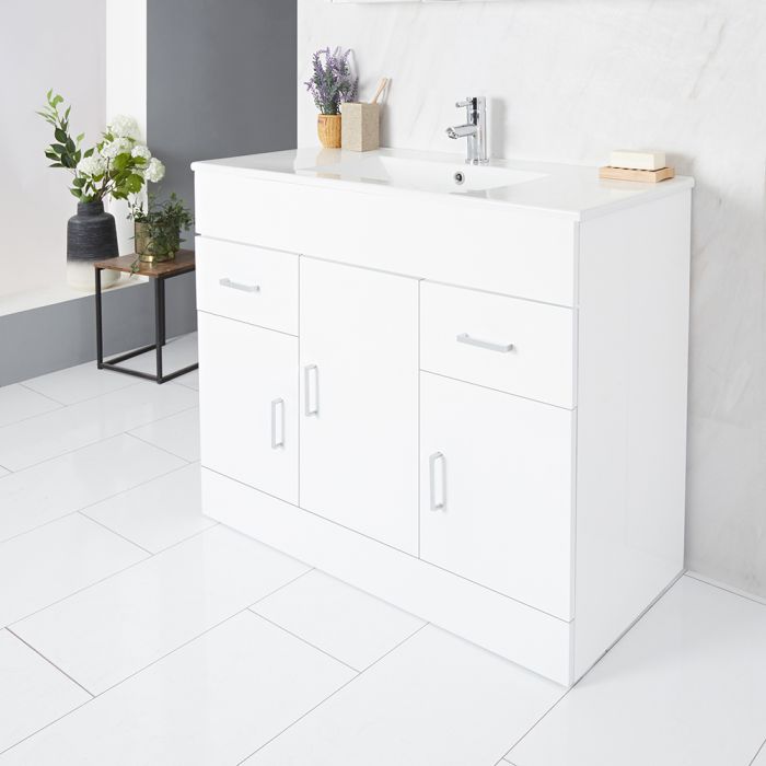 Milano Ren - White 1000mm Minimalist Floor Standing Vanity Unit with Basin