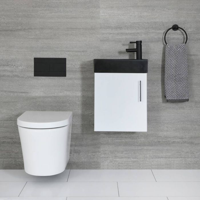 Milano Lurus - White 400mm Compact Wall Hung Cloakroom Vanity Unit with Black Basin