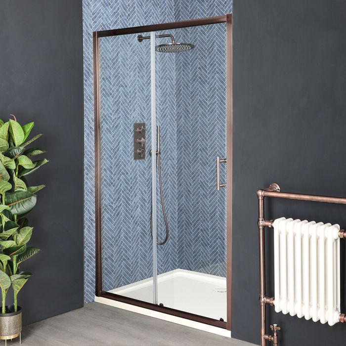 Milano Vara - Brushed Copper Sliding Shower Door with Tray - Choice of Sizes
