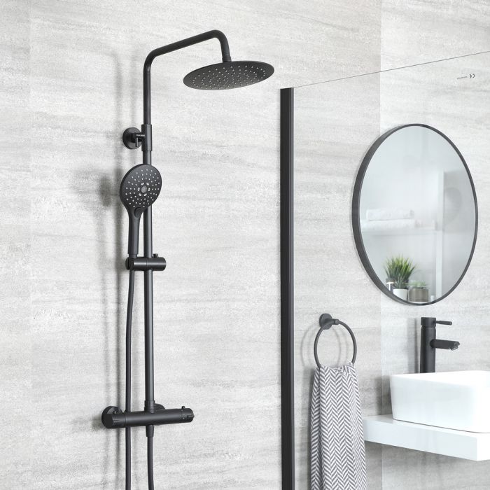 Milano Shower System Nero Black Twin Concealed Valve with 300mm Square Fixed Head and Arm