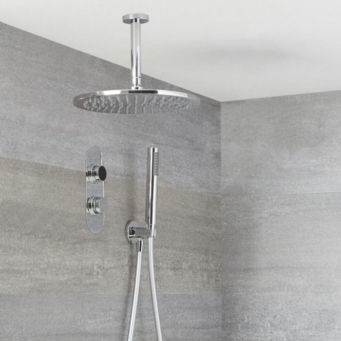 Milano Vis - Chrome Thermostatic Digital Shower with Ceiling Mounted Round Shower Head and Hand Shower (2 Outlet)