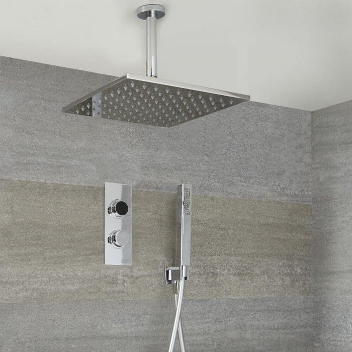 Milano Vis - Chrome Thermostatic Digital Shower with Ceiling Mounted Square Shower Head and Hand Shower (2 Outlet)