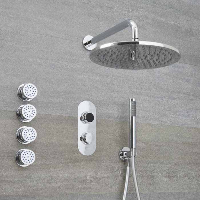 Milano Vis - Chrome Thermostatic Digital Shower with Wall Mounted Round Shower Head, Hand Shower and Body Jets (3 Outlet)