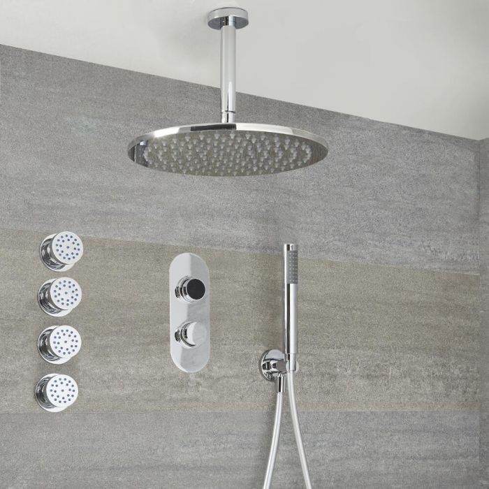 Milano Vis - Chrome Thermostatic Digital Shower with Round Shower Head, Hand Shower and Body Jets (3 Outlet)