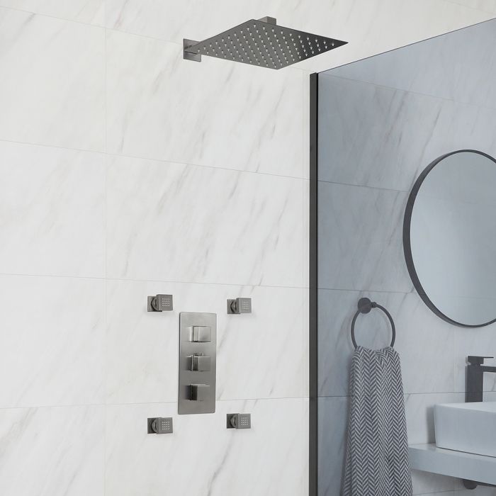 Milano Orno - Gun Metal Grey Thermostatic Shower with Shower Head and Body Jets (2 Outlet)