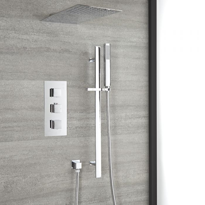 Milano Arvo - Chrome Thermostatic Shower with Shower Head, Hand Shower and Riser Rail (2 Outlet)