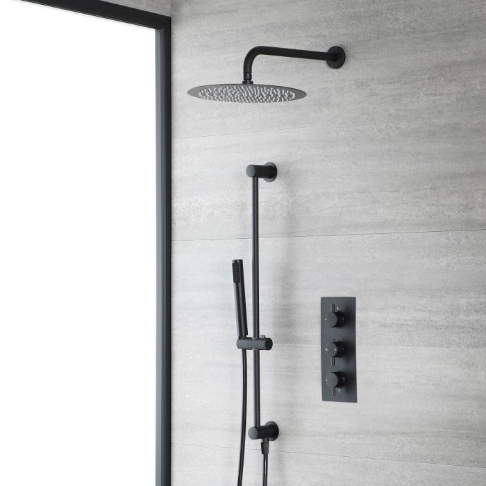Milano Nero - Black Thermostatic Shower with Shower Head and Riser Rail with Hand Shower (2 Outlet)